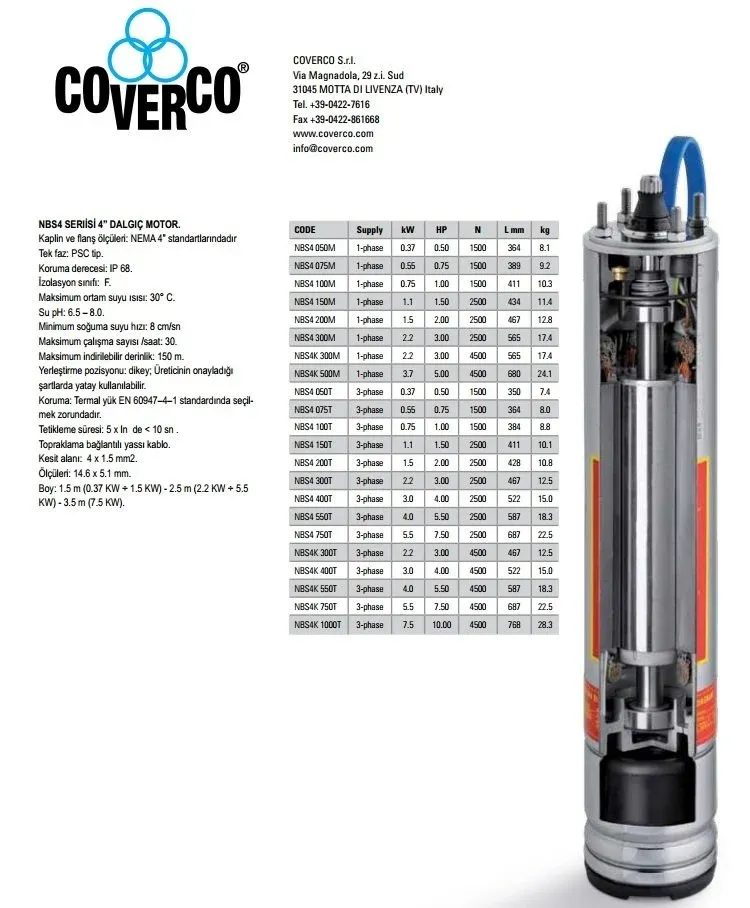 COVERCO 4'' İtalyan Yağ Soğ. 7,5 HP 5,5 kW  Trifaze Tek Motor