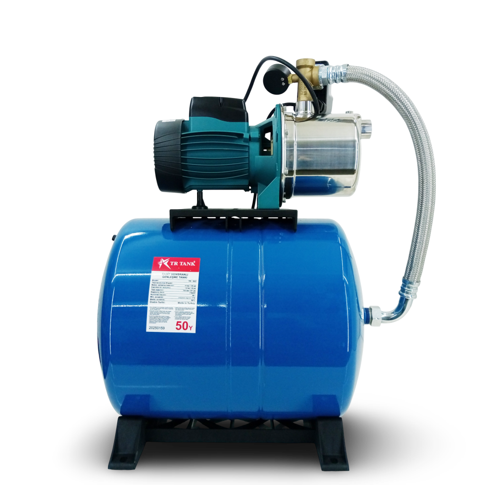 KAYSU 1,2 hp Paslanmaz Jet Hidrofor 8 Kat 10 Daire 50 lt Yatık TR Tanklı