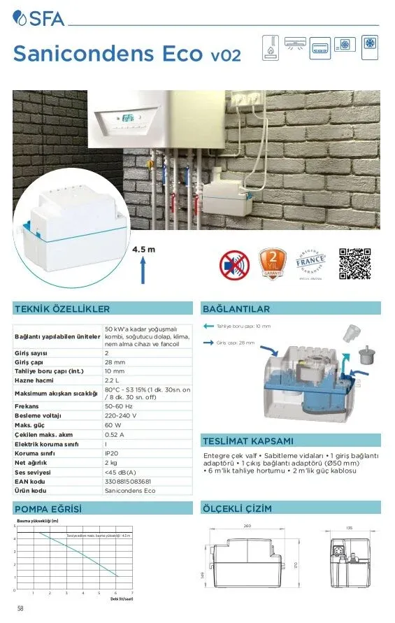 SANIHYDRO Sanicondens Eco Yoğuşmalı Kombi + Fancoil Drenaj Pompası